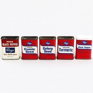 Vintage Kroger Spice Tins Lot of 5‎ Piece Red & White Metal Kitchen Collectibles